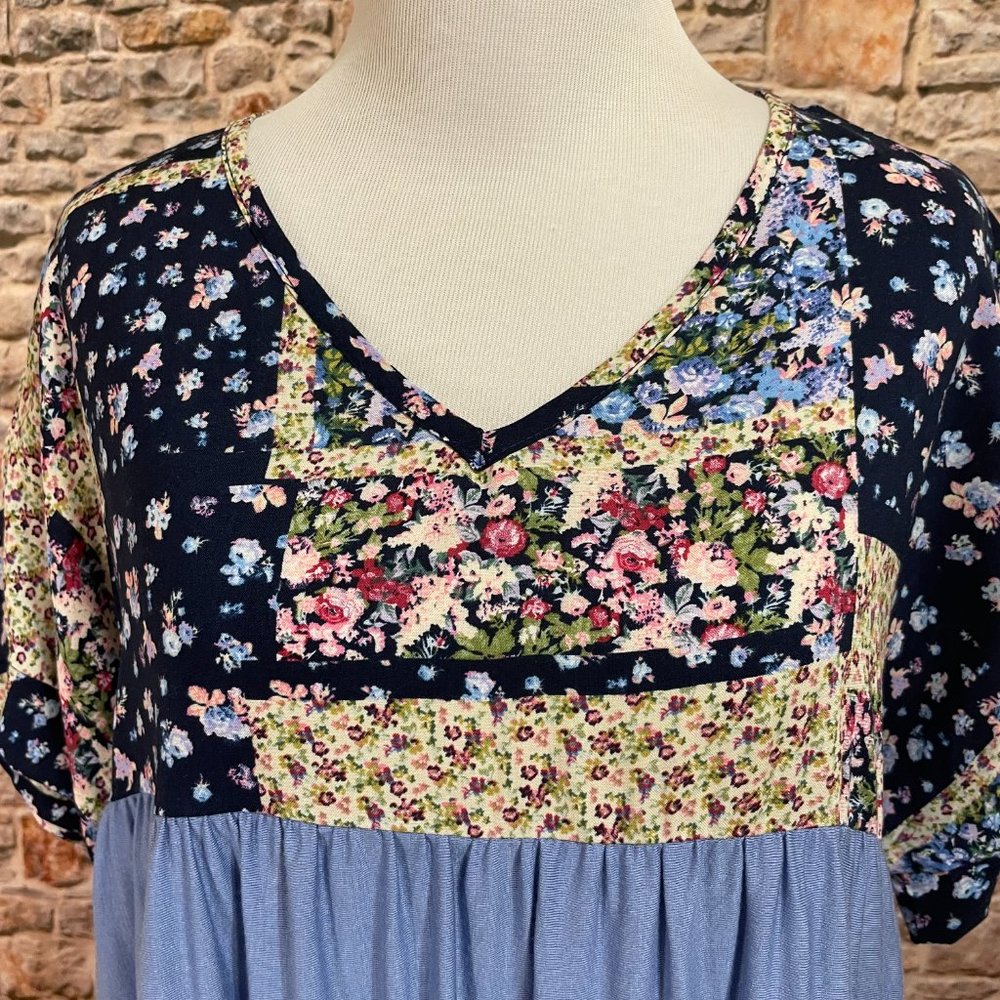 NWT E.Luna Blue Floral Patchwork Babydoll Top - Picture 3 of 9